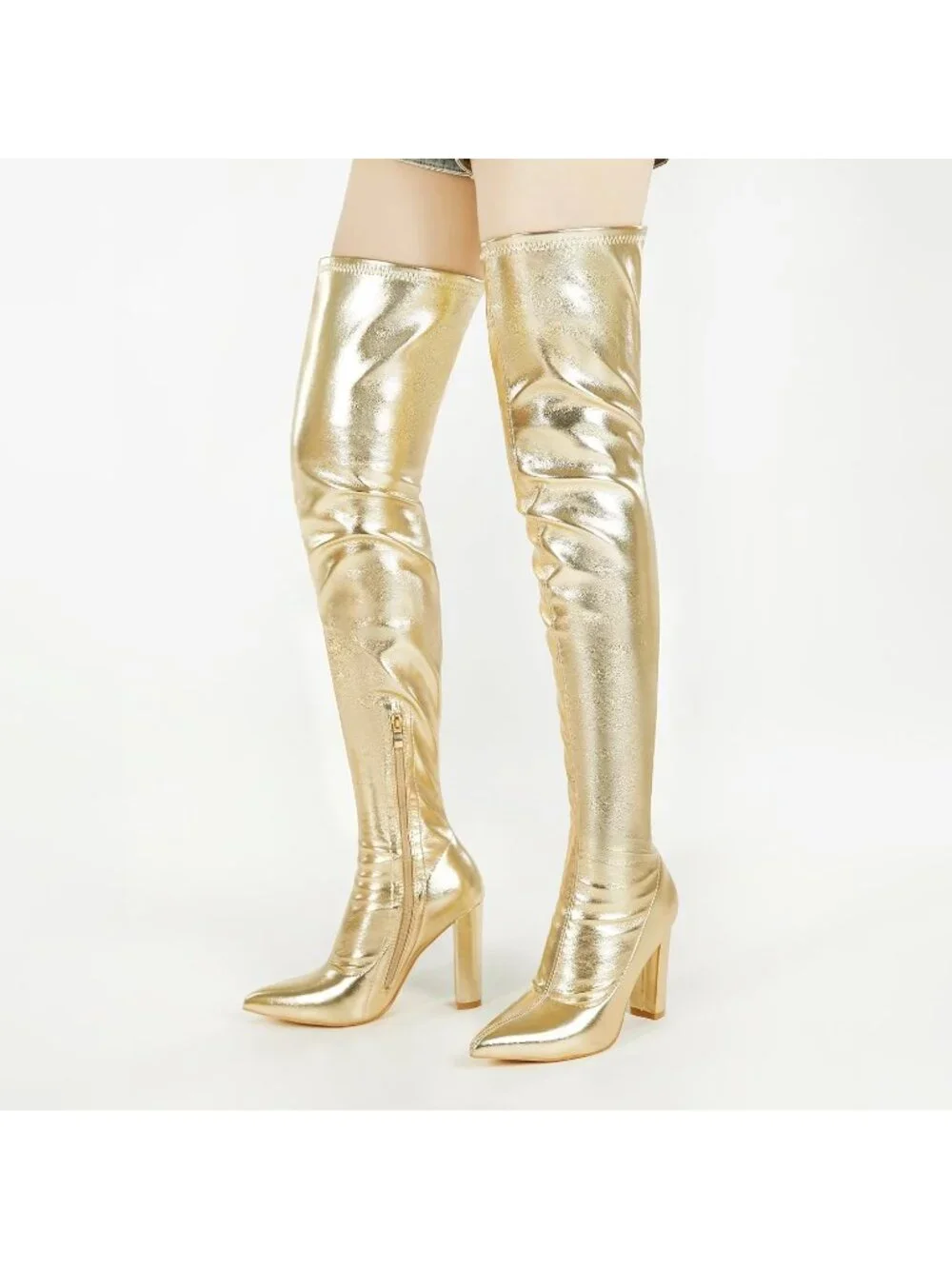 Women's Gold Metallic Patent Side Zipper Over-the-Knee Thigh High Heel Gogo Boot